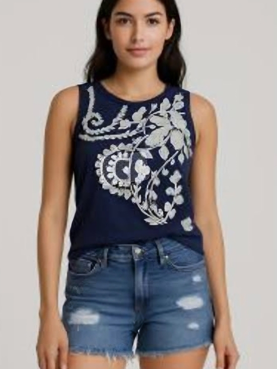Lucky Brand Tops - Lucky Brand Size S Navy Blue And White Floral Embroidered Tank Top